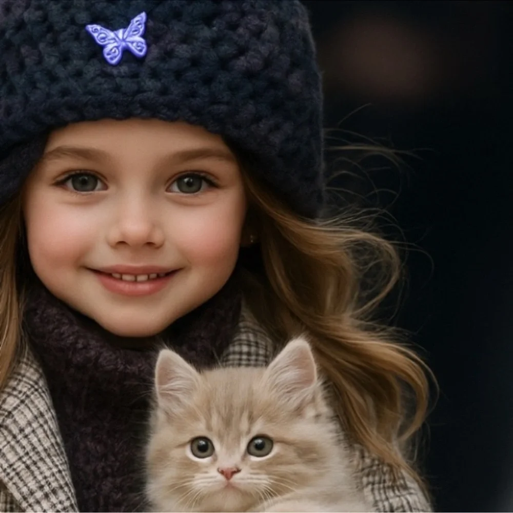 Girl’s Handmade Crochet Beanies Textured Sweater Knit Butterfly Metallic Purple